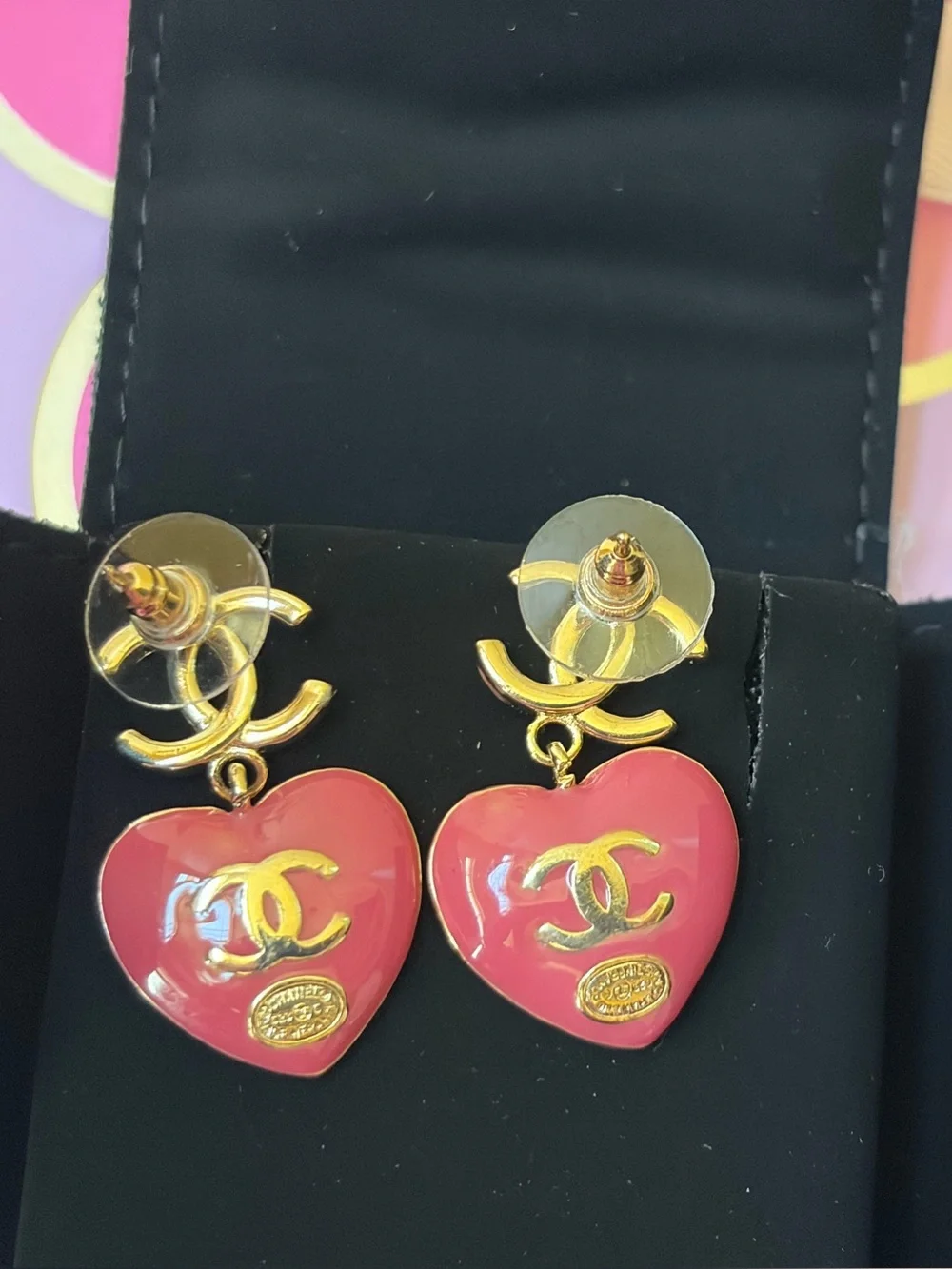 Chanel Gold and Pink Heart drop earrings